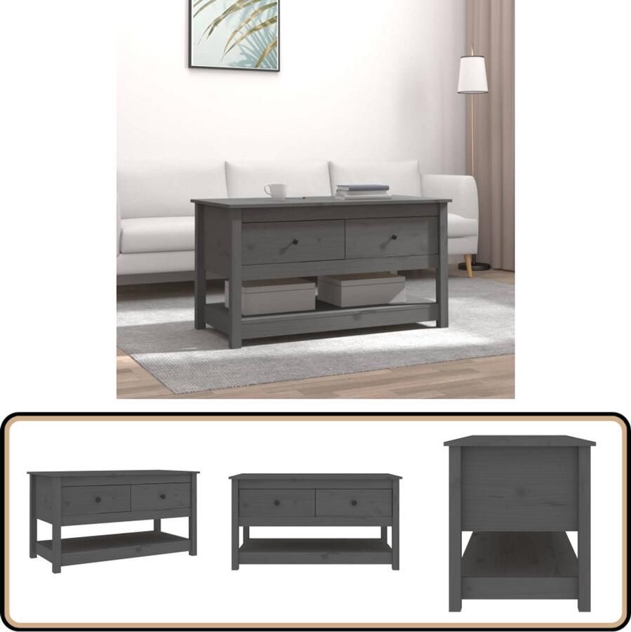 VidaXL Salontafel Massief Grenenhout Grijs Salontafel Bijzettafel Houten Salontafel Grenenhouten Salontafel Grijze Salontafel Opbergruimte Vintage Stijl