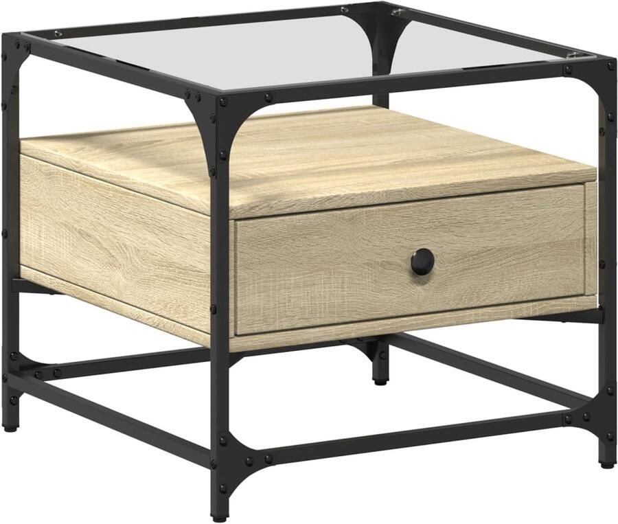 VidaXL Salontafel met glazen blad 50x50x45 cm sonoma eiken staal Salontafel Salontafels Bijzettafel Banktafel