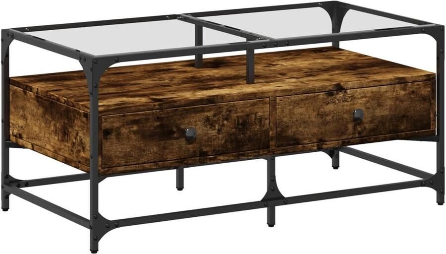 VidaXL Salontafel met glazen blad 98 5x50x45 cm gerookt eiken staal Salontafel Salontafels Bijzettafel Banktafel
