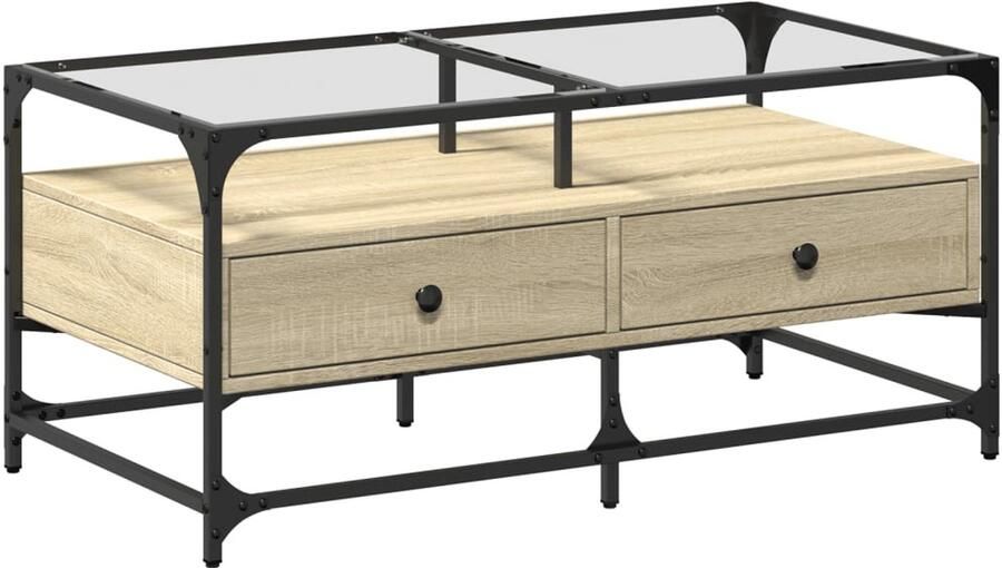 VidaXL Salontafel met glazen blad 98 5x50x45 cm sonoma eiken staal Salontafel Salontafels Bijzettafel Banktafel