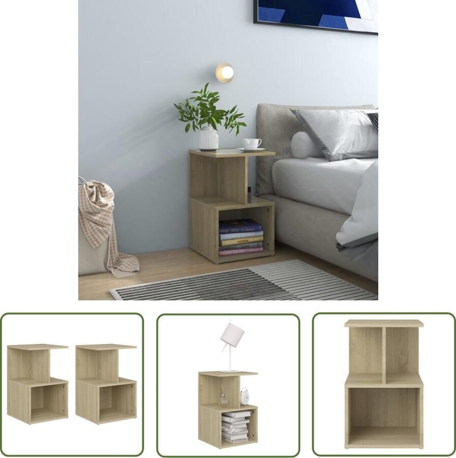 The Living Store Nachtkastjes 2 st 35x35x55 cm bewerkt hout sonoma eikenkleurig Nachtkastje Salontafel Houten Meubilair Bedroom Furniture Living Room Furniture - Foto 2
