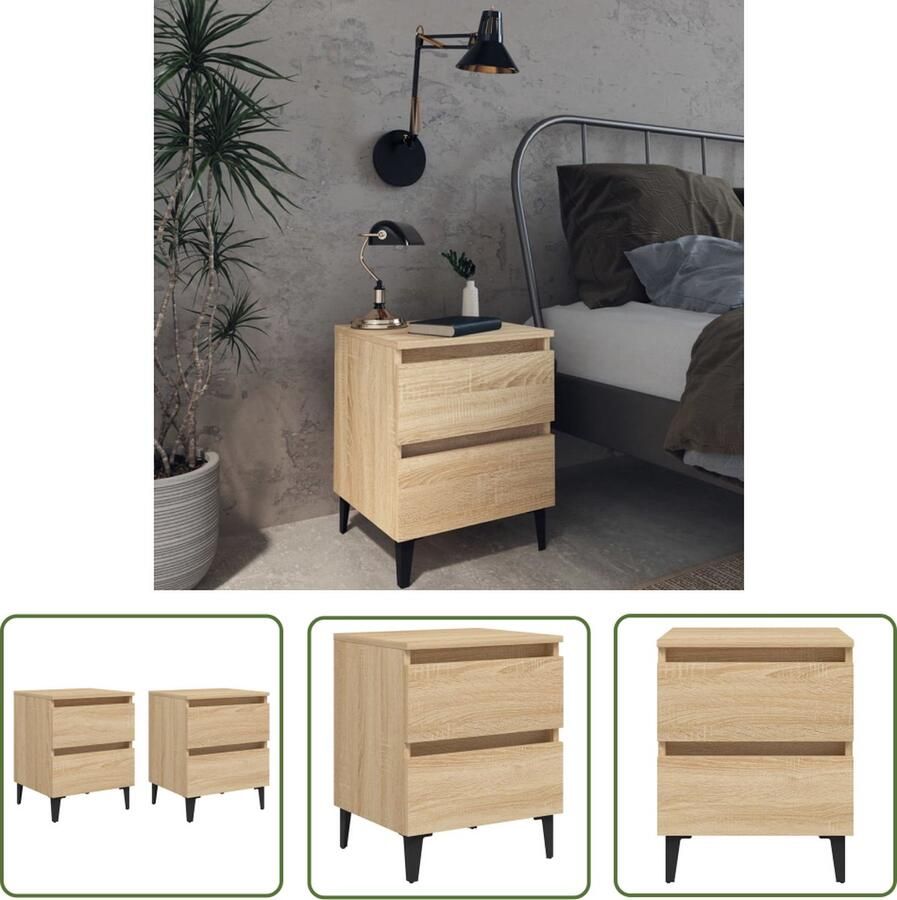 The Living Store Nachtkastjes 2 st 40x35x50 cm bewerkt hout sonoma eikenkleurig Nachtkastje Salontafel Houten Meubilair Industrial Style Bedroom Furniture - Foto 2