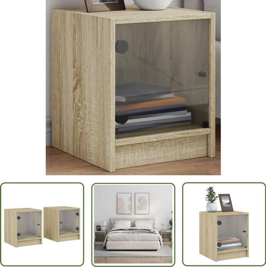 The Living Store Nachtkastjes met glazen deuren 2 st 35x37x42 cm sonoma eiken Nachtkastjes Salontafel Kamermeubel Houten Meubel Bruine Meubels