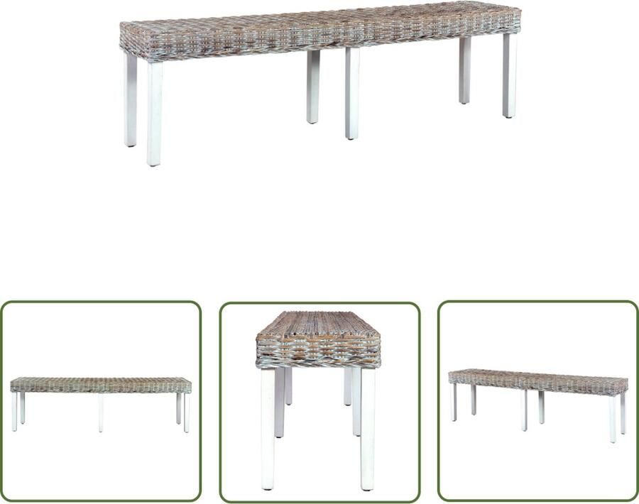 The Living Store Bankje 160 cm natuurlijk kubu rattan en massief mangohout wit Rattan Bank Salontafel Halbank Bankje Meubels - Foto 2