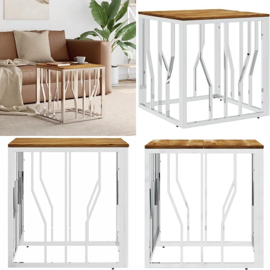 VidaXL Salontafel roestvrij staal en massief acaciahout zilverkleurig Salontafel Salontafels Bijzettafel Banktafel