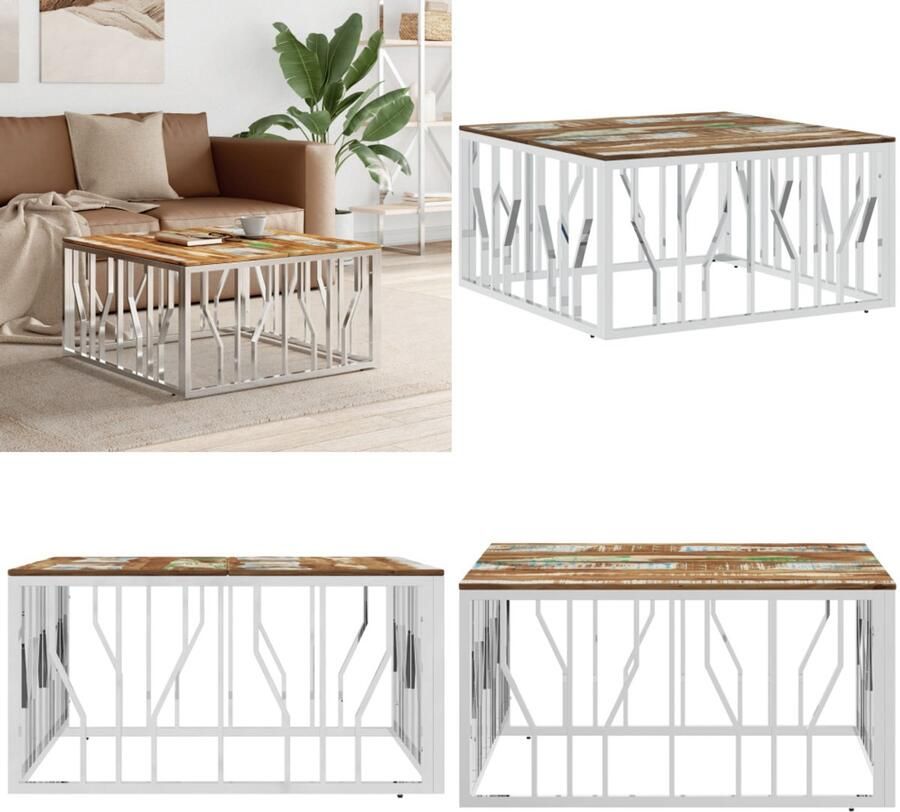VidaXL Salontafel roestvrij staal en massief gerecycled hout zilver Salontafel Salontafels Bijzettafel Banktafel