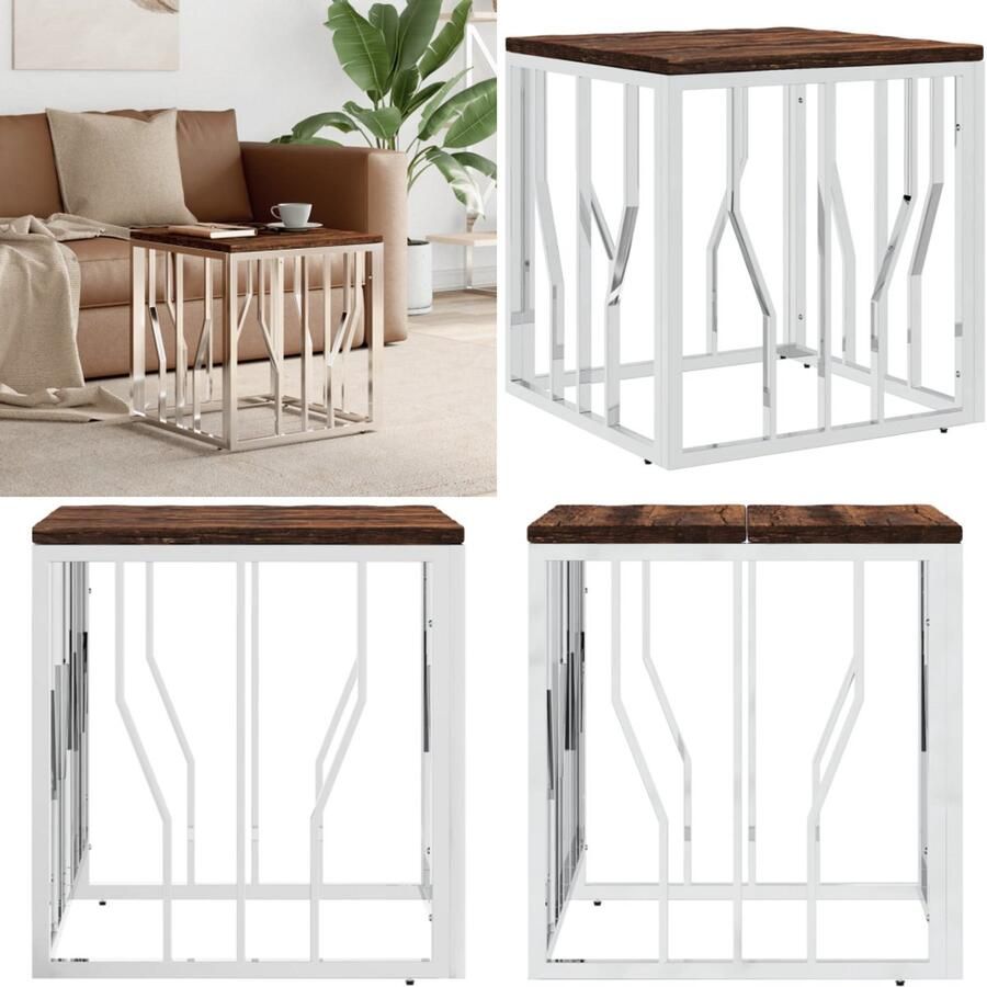 VidaXL Salontafel roestvrij staal en massief gerecycled hout zilver Salontafel Salontafels Bijzettafel Banktafel