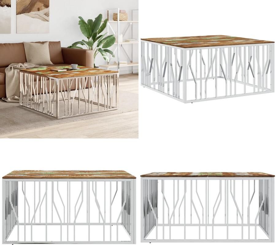 VidaXL Salontafel roestvrij staal en massief gerecycled hout zilver Salontafel Salontafels Bijzettafel Banktafel