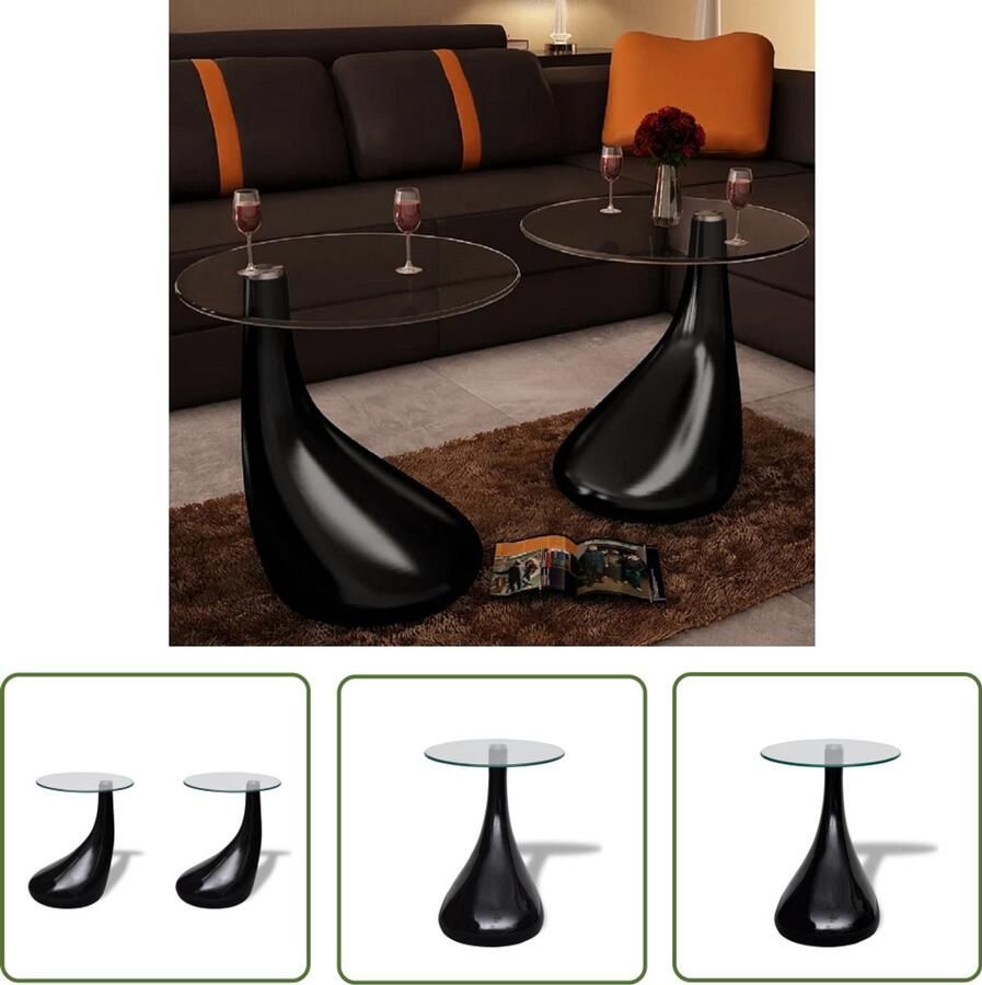 VidaXL Salontafel Rond Glas Hoogglans Zwart 2 Stuks Salontafel Koffietafel Ronde Tafel Zwarte Salontafel Moderne Salontafel Glasvezel Tafel Waterspuitontwerp Klein Meubilair Binnenhuisdecoratie Livingroom Decor - Foto 2