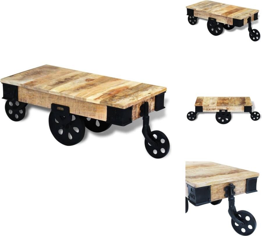 VidaXL Industriële Salontafel 90x45x35cm Handgemaakt Ruw Mangohout Met wielen Tafel