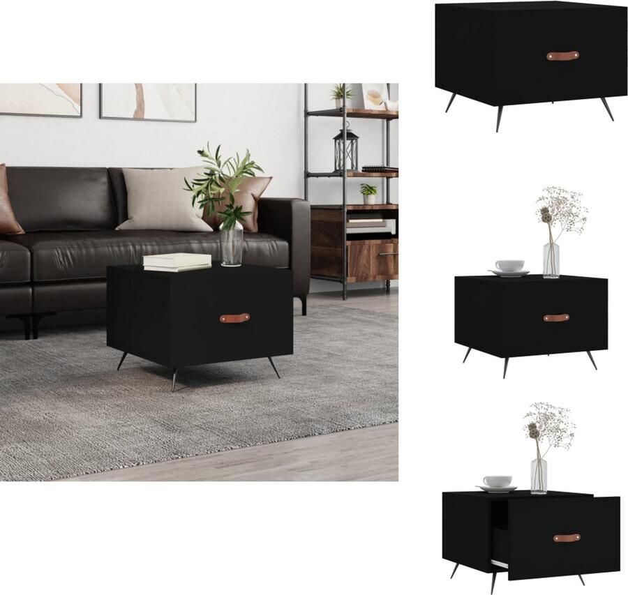 The Living Store Salontafel Zwarte houten bijzettafel met lade Stevig tafelblad IJzeren poten 50x50x40cm Salontafel Zwarte Salontafel Bijzettafel Hout Salontafel Metalen Poten