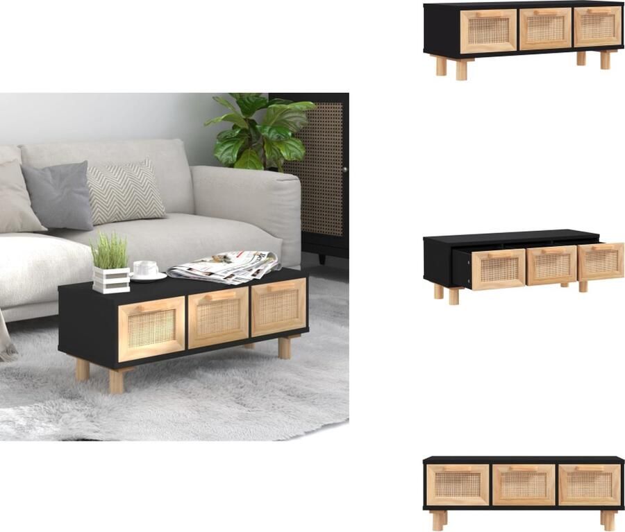 VidaXL Salontafel Naturel Rattan 80 x 40 x 30 cm Zwarte kleur Hoge kwaliteit hout 2 lades Massief grenenhouten poten Tafel