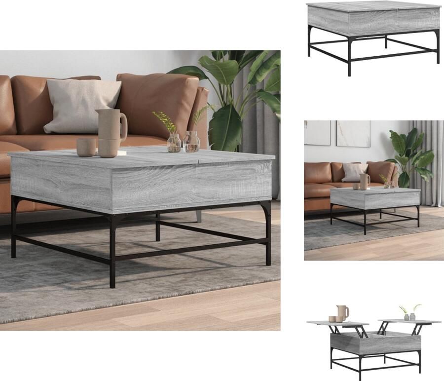The Living Store Salontafel 80x80x45 cm bewerkt hout en metaal grijs sonoma Salontafel Woonkamer Meubilair Houten Salontafel Grijze Salontafel Moderne Salontafel