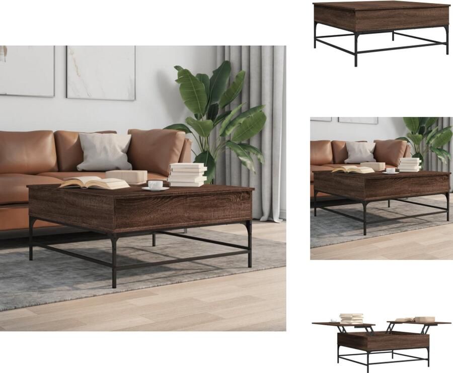 The Living Store Salontafel 95x95x45 cm bewerkt hout en metaal bruin eikenkleur Salontafel Houten Salontafel Bruine Salontafel Lift Top Tafel Multifunctionele Tafel