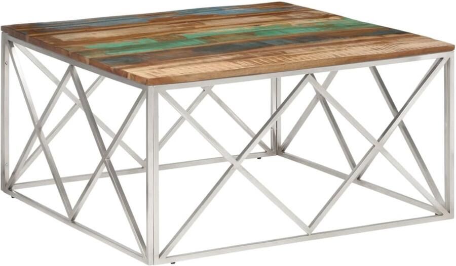 VidaXL Salontafel roestvrij staal en gerecycled hout zilverkleurig Salontafel Houten Salontafel Roestvrijstaalsalontafel Vintage Salontafel Industriële Salontafel