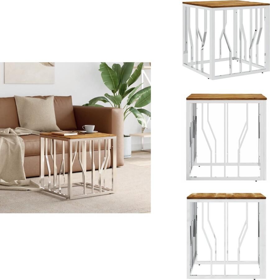 VidaXL Salontafel Salontafels Bijzettafel Banktafel -Salontafel-roestvrij-staal-en-massief-acaciahout-zilverkleurig - Foto 2