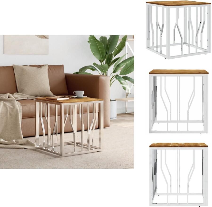 VidaXL Salontafel Salontafels Bijzettafel Banktafel -Salontafel-roestvrij-staal-en-massief-acaciahout-zilverkleurig