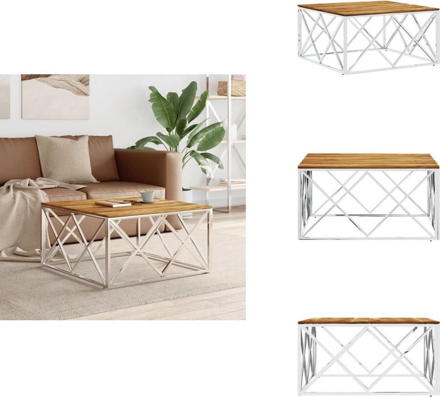 VidaXL Salontafel Salontafels Bijzettafel Banktafel -Salontafel-roestvrij-staal-en-massief-acaciahout-zilverkleurig - Foto 5