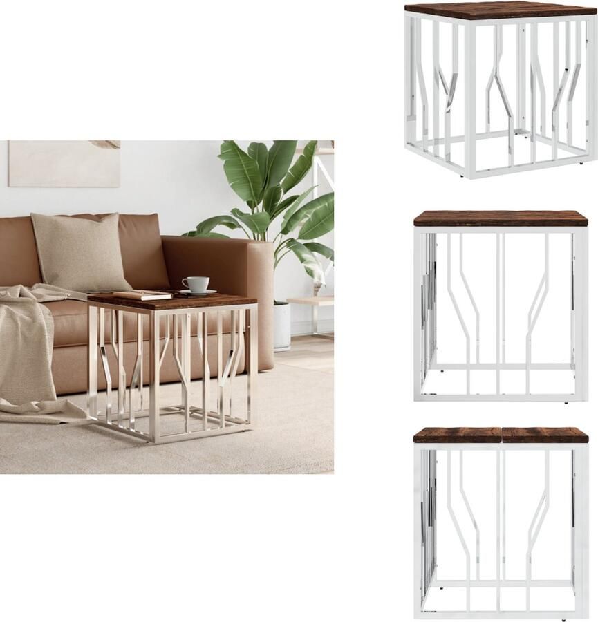 VidaXL Salontafel Salontafels Bijzettafel Banktafel -Salontafel-roestvrij-staal-en-massief-gerecycled-hout-zilver - Foto 4