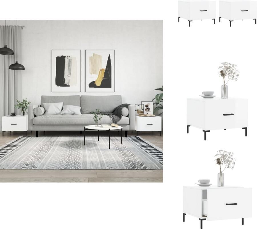 The Living Store Salontafels Hoogglans wit 50 x 50 x 40 cm Bewerkt hout en ijzer Salontafel Bijzettafel Houten Salontafel Hoogglans Wit Modern Meubilair - Foto 3