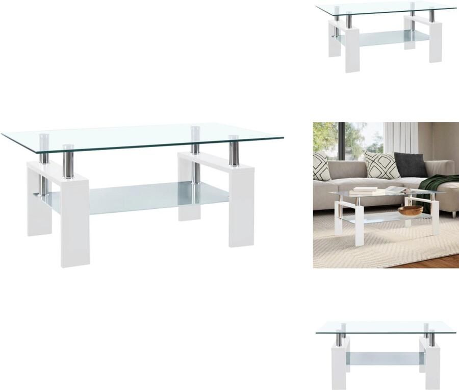 VidaXL Salontafel Salontafels Bijzettafel Bijzettafels Salontafel 95x55x40 cm gehard glas transparant en wit - Foto 3