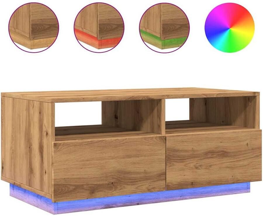 The Living Store Salontafel met LED-verlichting 90x49x40 cm artisan eikenkleurig Salontafel Led Verlichting Modern Design Houten Tafel Multifunctionele Tafel