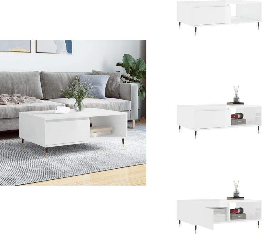 VidaXL Salontafel Salontafels Bijzettafel Tafeltje -Salontafel-90x60x35-cm-bewerkt-hout-hoogglans-wit - Foto 2