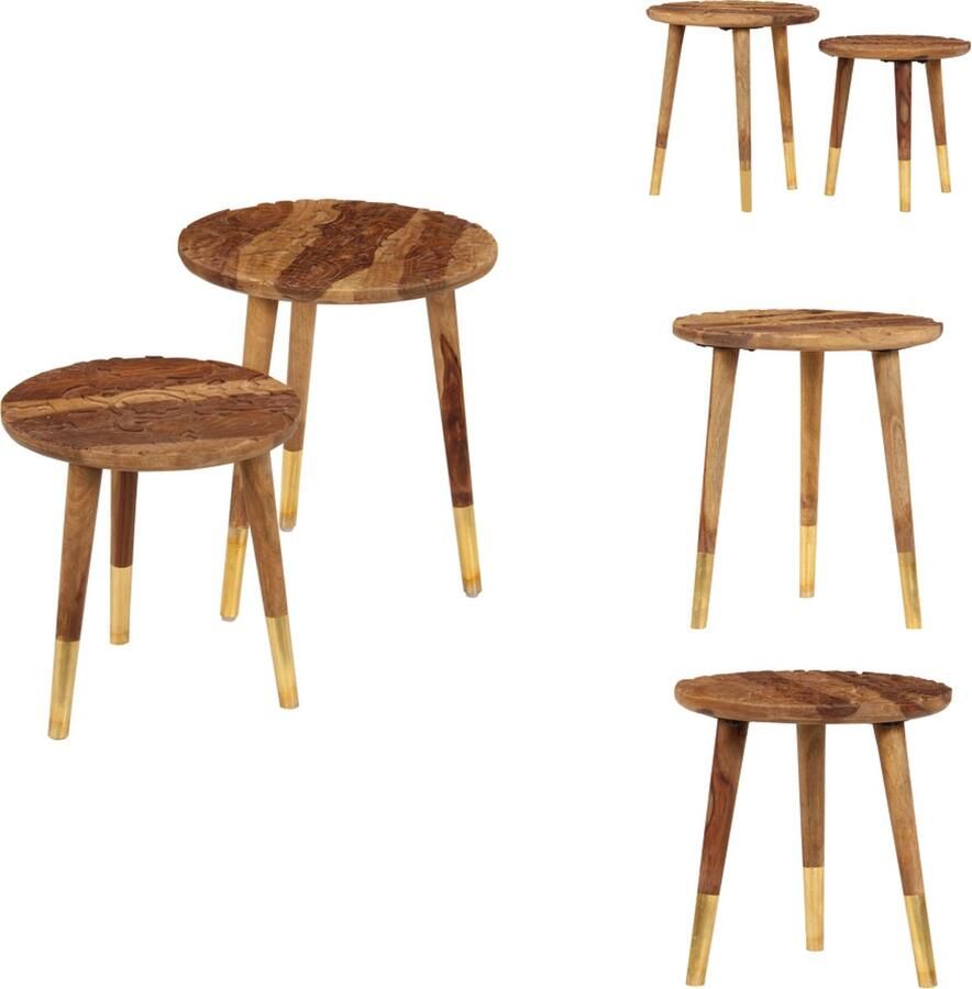 VidaXL Sheeshamhouten Salontafels Set van 2 40 x 40 x 45 cm 35 x 35 x 37 cm Met Graveringen Tafel