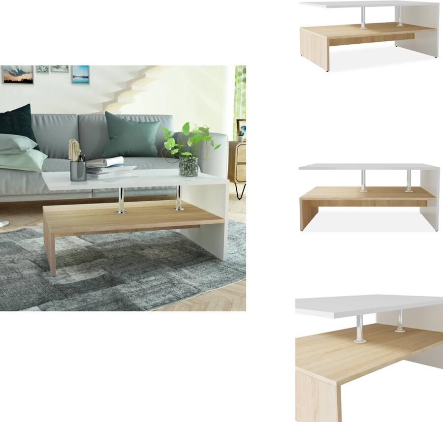 VidaXL Salontafel Moderne Tafel 90 x 59 x 42 cm Eiken en Wit Gemaakt van spaanplaat PVC randen en roestvrijstalen steunen Tafel