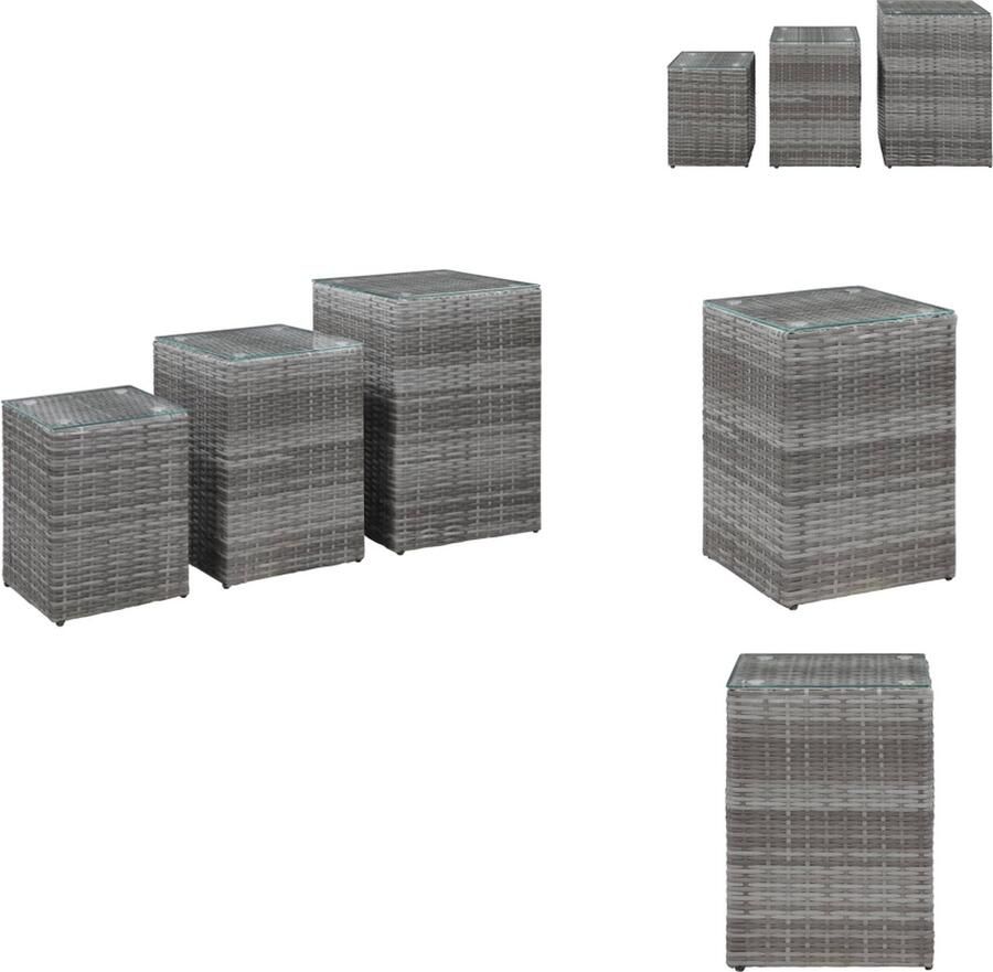 VidaXL Salontafel Salontafels Salon Tafel Salon Tafels 3-delige Bijzettafelset met glazen blad poly rattan grijs
