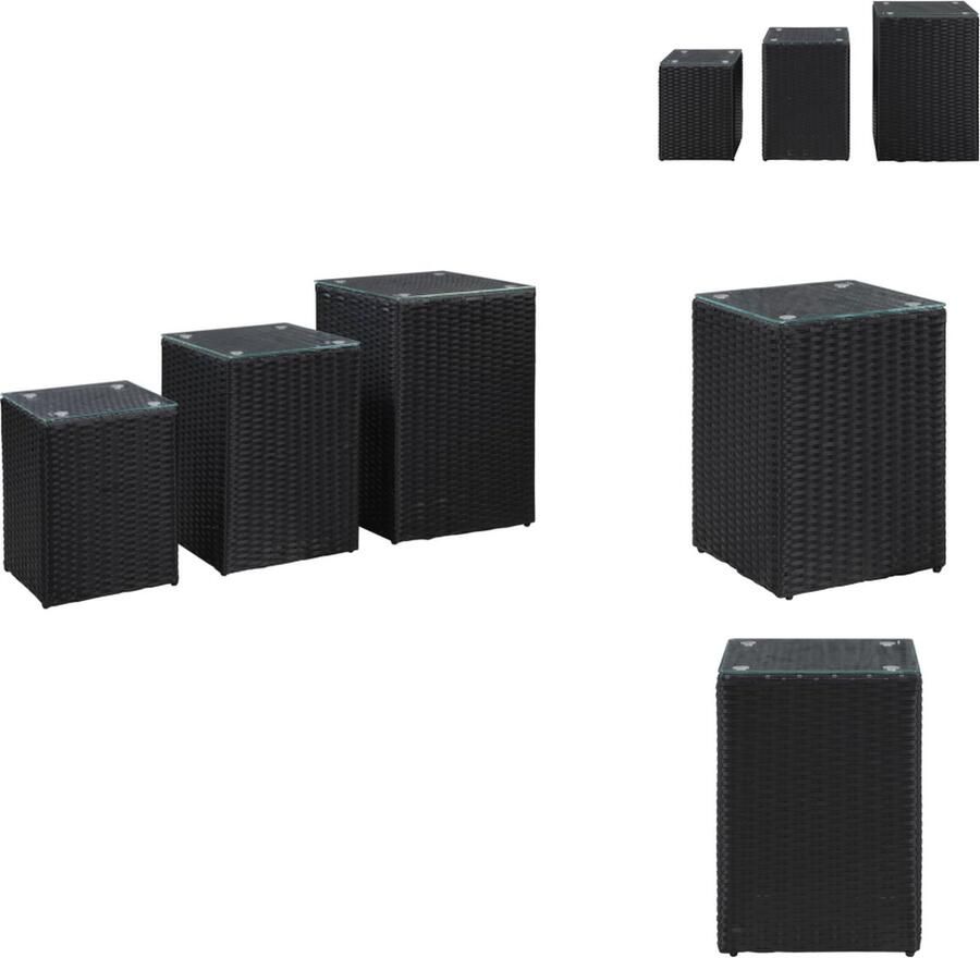 VidaXL Salontafel Salontafels Salon Tafel Salon Tafels 3-delige Bijzettafelset met glazen blad poly rattan zwart