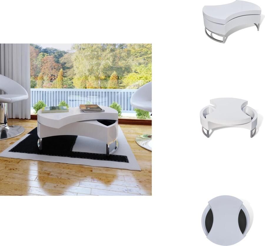 VidaXL Salontafel Hoogglans Wit Draaibaar Opbergruimte Robuuste Constructie 80 x 32.5 cm (ø x H) MDF Tafelblad Roestvrij Staal Tafelpoten Tafel