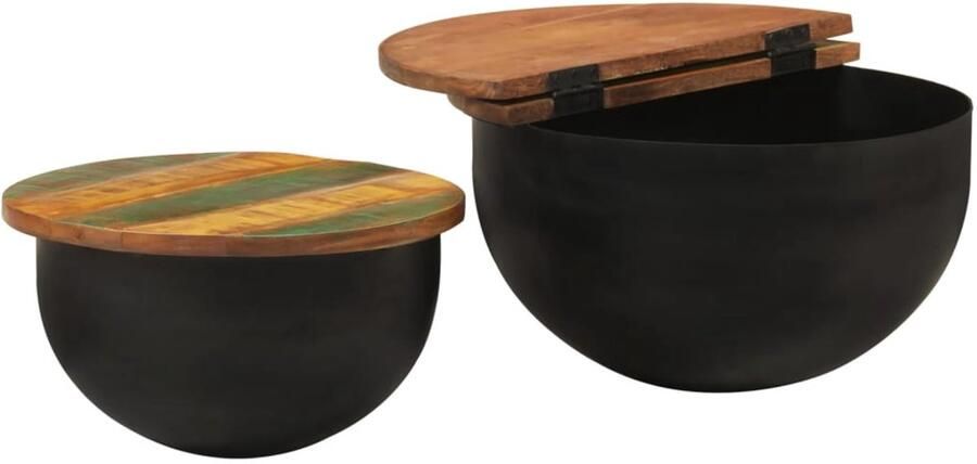VidaXL 2-delige Salontafelset massief gerecycled hout zwart Salontafel Salontafels Tafel Bijzettafel