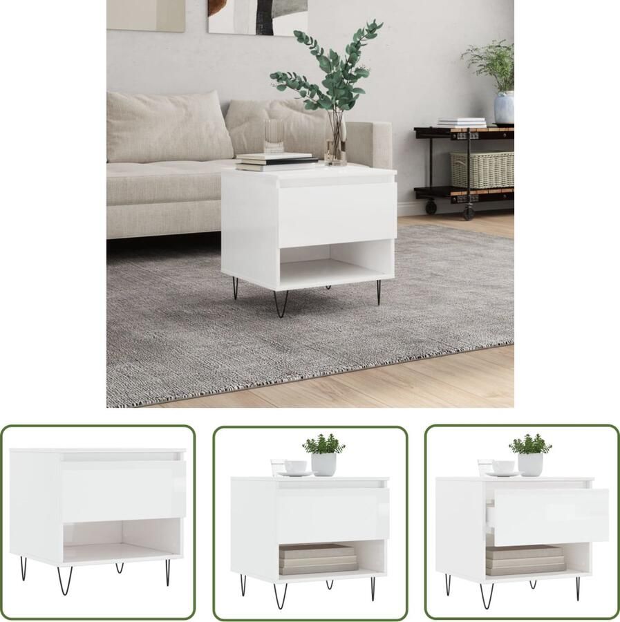 The Living Store Salontafel Hoogglans Wit 50 x 46 x 50 cm Bewerkt hout en metaal Salontafel Houten Salontafel Witte Salontafel Modern Salontafel Multifunctionele Salontafel - Foto 2