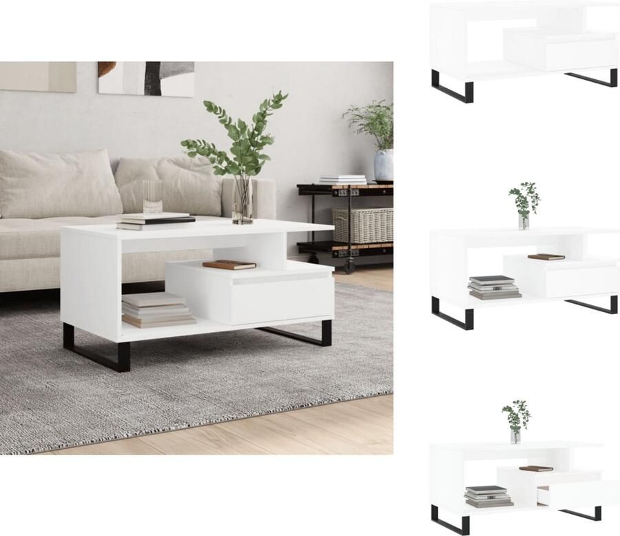 The Living Store Salontafel Trendy Bijzettafel 90 x 49 x 45 cm Met lade Salontafel Bijzettafel Houten Salontafel Wit Meubilair Modern Tafellamp - Foto 2