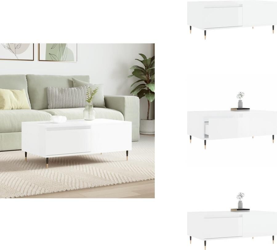 The Living Store Salontafel Hoogglans wit Bewerkt hout en metaal 90 x 50 x 36.5 cm Salontafel Witte Salontafel Houten Salontafel Met Lade Salontafel Met Opbergvak - Foto 2