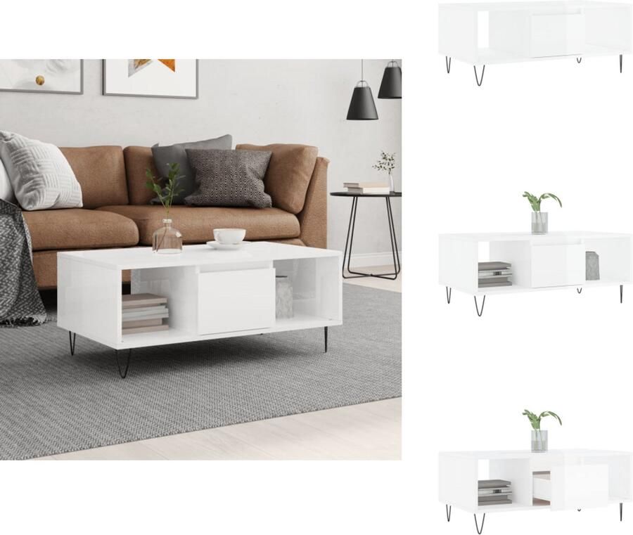 The Living Store Salontafel Hoogglans wit Bewerkt hout en metaal 90 x 50 x 36.5 cm Salontafel Witte Salontafel Houten Salontafel Met Lade Salontafel Met Opbergvak - Foto 3