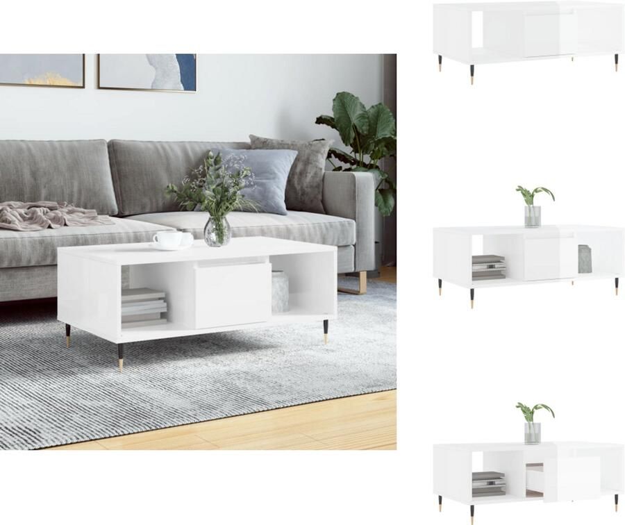 The Living Store Salontafel Hoogglans wit Bewerkt hout en metaal 90 x 50 x 36.5 cm Salontafel Witte Salontafel Houten Salontafel Met Lade Salontafel Met Opbergvak - Foto 4