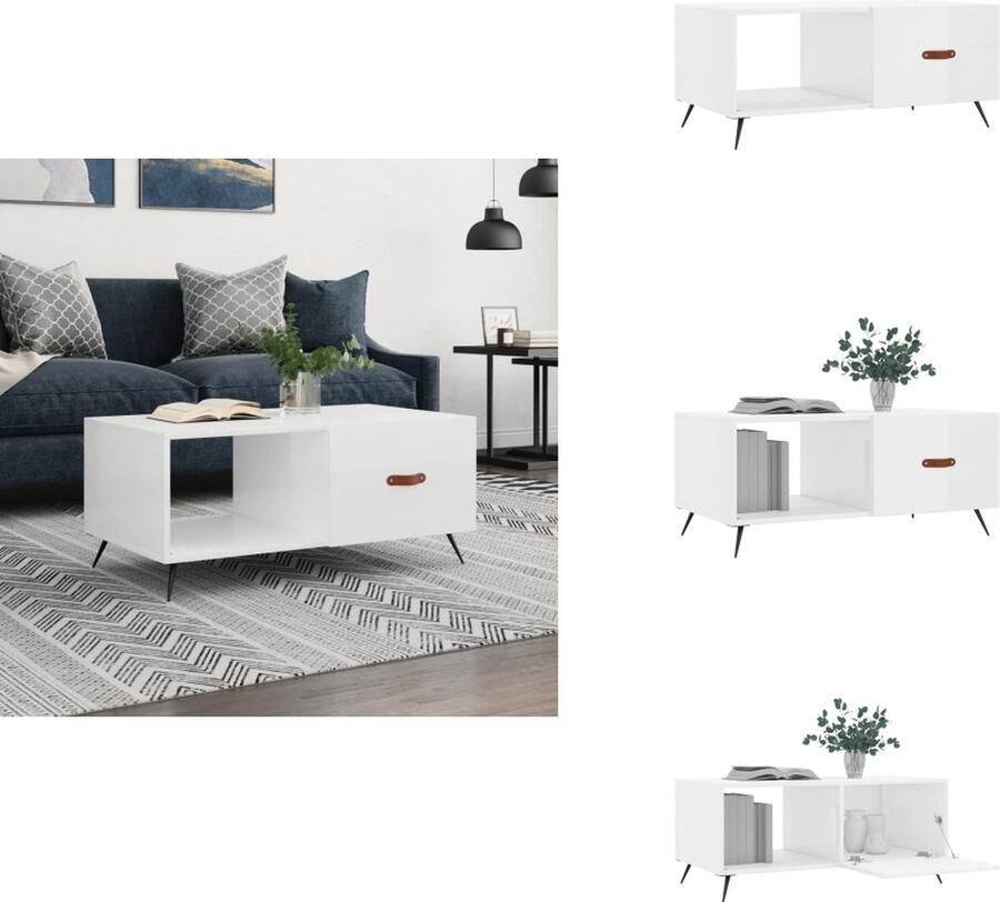 VidaXL Salontafel Salontafels Tafel Bijzettafel -Salontafel-90x50x40-cm-bewerkt-hout-hoogglans-wit - Foto 3