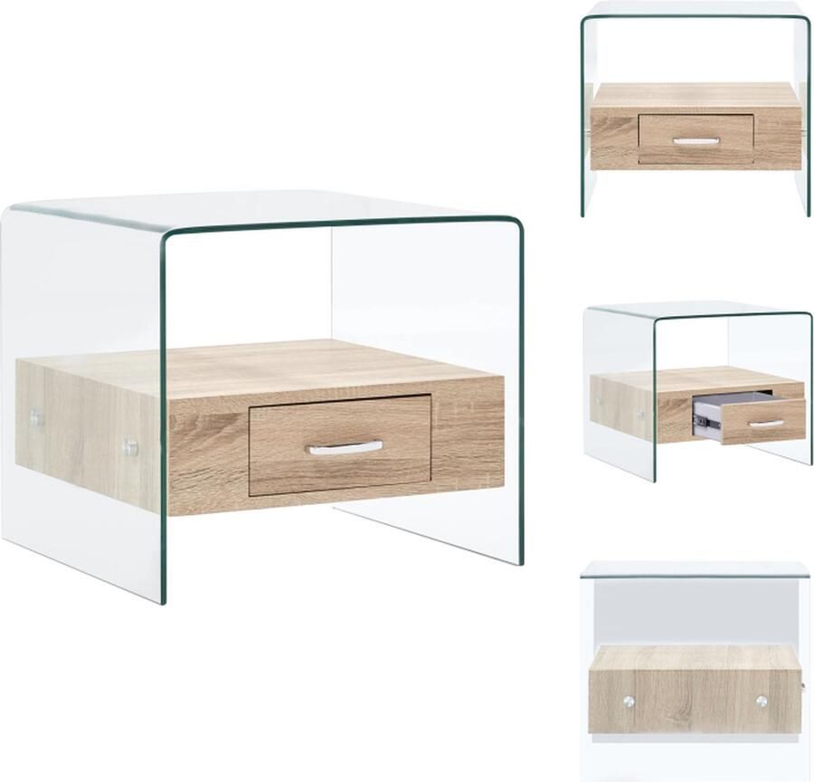 VidaXL Salontafel Minimalistisch Transparant 50x50x45cm Gehard Veiligheidsglas Lade Met Eikenhouten-Look 8 mm Dikte Tafel