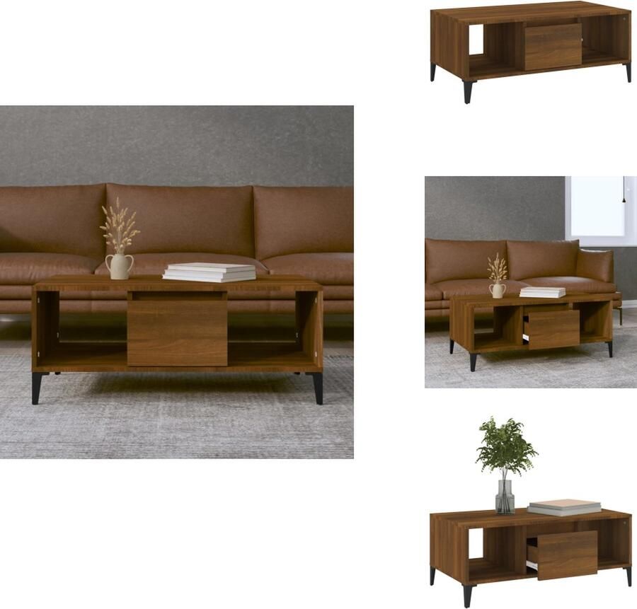 VidaXL Industriële Salontafel Bijzettafel met Lade en 2 Open Vakken Stevig Tafelblad Metalen Voeten Bruineiken 90x50x36.5cm Tafel