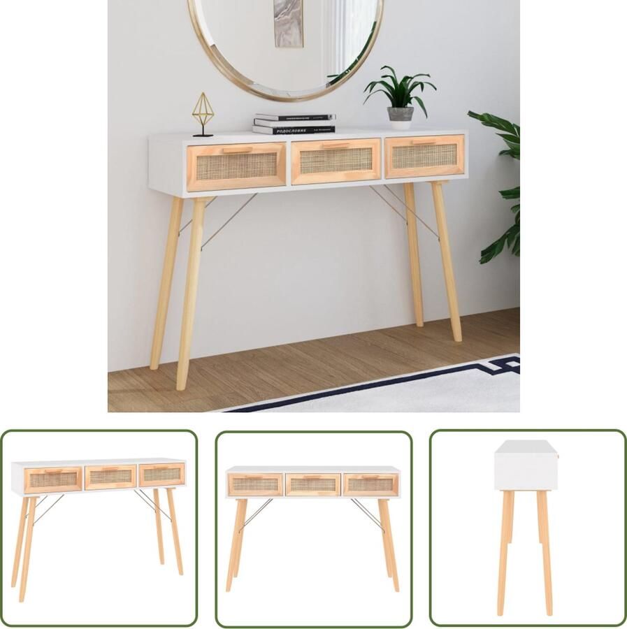The Living Store Scandinavische wandtafel 105 x 30 x 75 cm wit met natuurlijk rattan Scandinavisch Wandtafel Salontafel Bijzettafel Wandconsole Robuuste Tafel - Foto 2