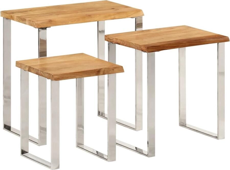 The Living Store Tafeltjesset 3 st met natuurlijke rand massief acaciahout Tafelses Acacia Houten Meubilair Salontafel Binnentafeltje Nestkasten - Foto 2