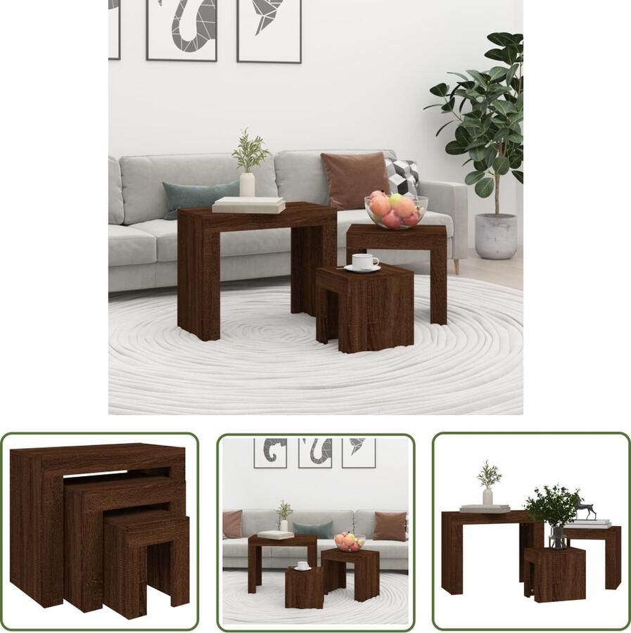 The Living Store 3-delige Tafeltjesset bewerkt hout bruin eikenkleur Tafelset Salontafel Bijzettafel Houten Meubels Bruin Meubilair - Foto 2