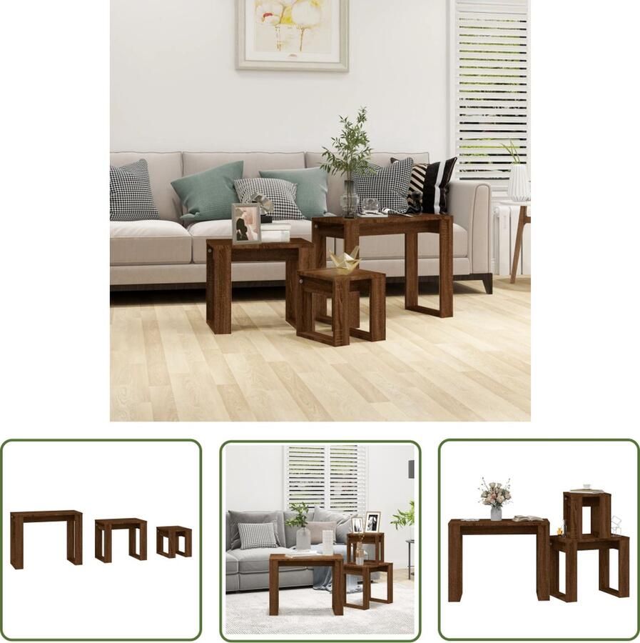 The Living Store Tafeltjesset Compacte Ontwerp Woon- en Slaapkamer 61x28x47 cm 43x28x37 cm 25x28x27 cm Bruineiken Tafelset Salontafel Bijzettafel Nesting Tables Compact Meubilair - Foto 2