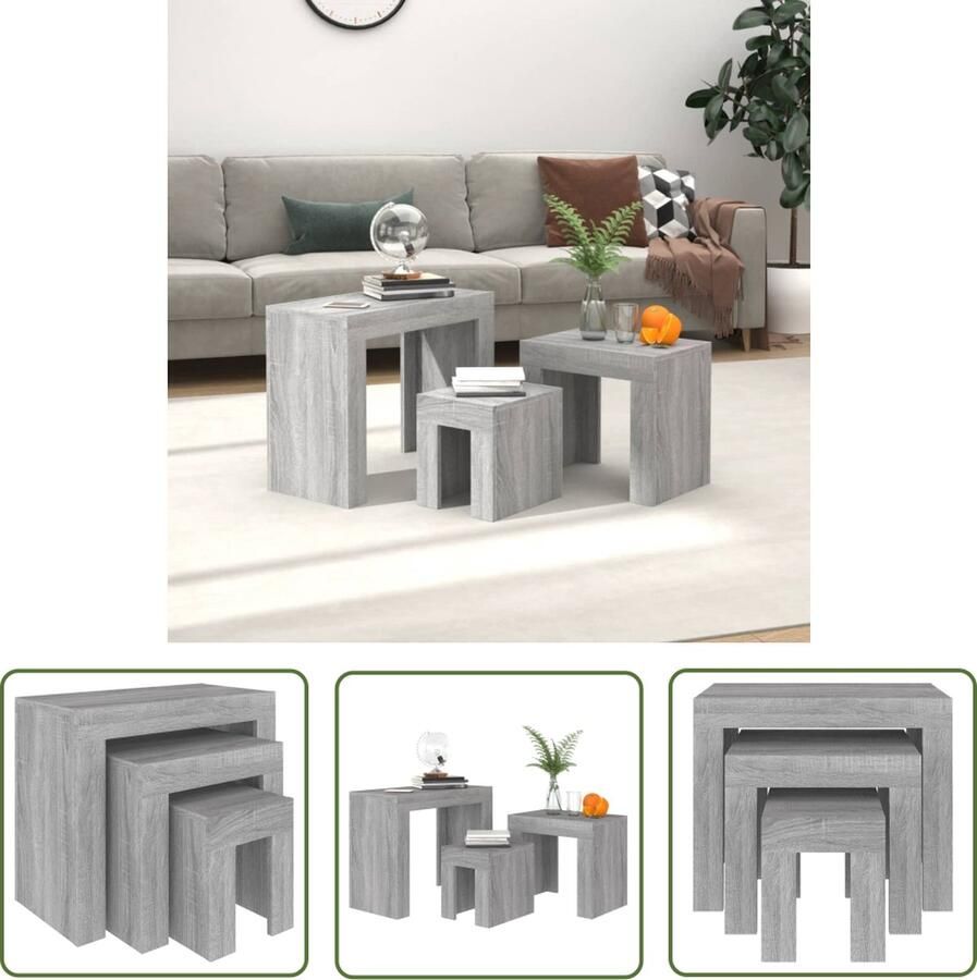 The Living Store Tafeltjesset Grijs Sonoma Eiken 61 x 30 x 50 cm Bewerkt Hout Tafelset Salontafel Bijzettafel Houten Meubels Grijze Meubels - Foto 2