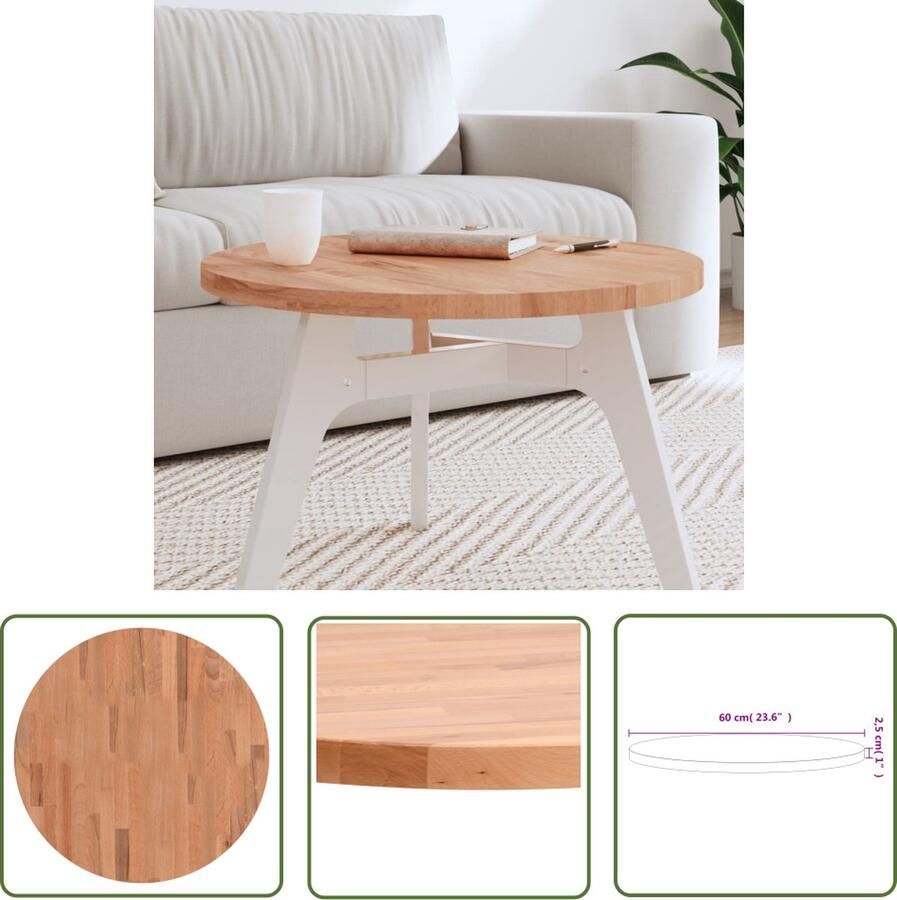 The Living Store Beukenhouten Tafelblad 60 x 2.5 cm Rond Massief beukenhout Tafeltje Salontafel Tafelblad Beukenhout Houten Tafelblad