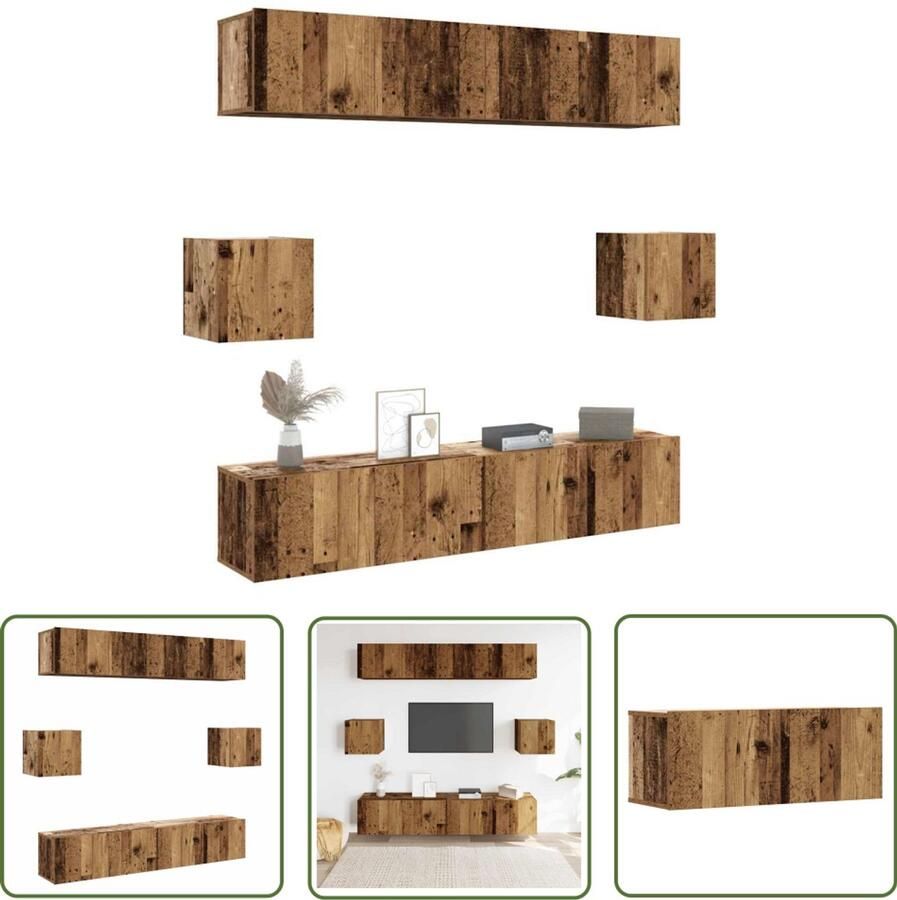 The Living Store 6-delig Tv-meubelset wandmontage bewerkt hout oud houtkleurig Tv Kast Salontafel Houten Tv Stand Opbergkast Media Kast