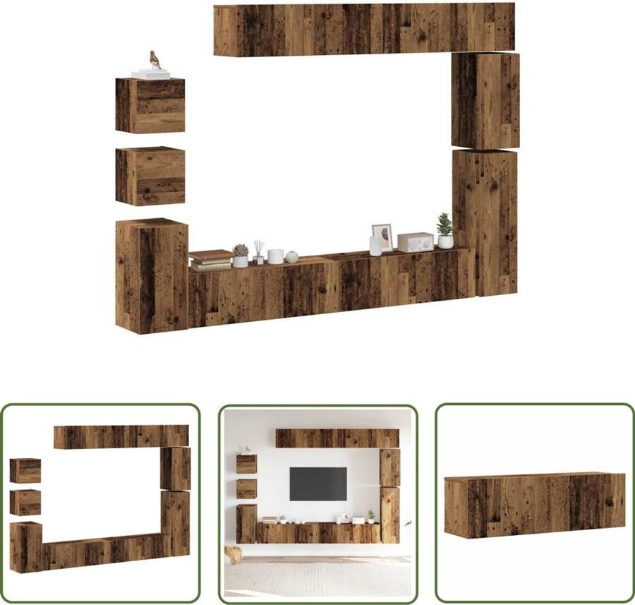 The Living Store 9-delig Tv-meubelset wandmontage bewerkt hout oud houtkleurig Tv Kast Salontafel Houten Tv Stand Media Kast Opbergkast