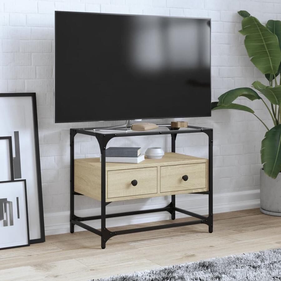 The Living Store Tv-meubel met glazen blad 60x35x51 cm bewerkt hout sonoma eiken Tv Kast Salontafel Industrieel Design Houten Tv Stand Media Kast